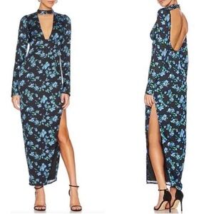 MAJORELLE Stellina Dress Blue Floral Backless Maxi Dress with Slit